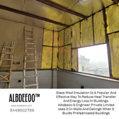 This graphic explains the benefits of the glass wool insulation we use in our walls and ceilings. It provides excellent thermal insulation, energy efficiency, fire resistance, and sound absorption.