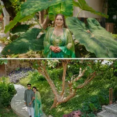 A diptych from Shubhi and Kunal's mehndi in Jim Corbett. The top shows a beautiful portrait of the bride against lush foliage, and the bottom captures the couple in the beautiful resort landscape.