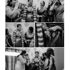A black and white collage capturing the bride sharing laughter and secrets with her bridesmaids and family. These candid moments with her support system are priceless.