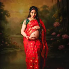 A beautiful mom-to-be in a traditional red saree against a painted backdrop of a serene lake. This is a classic fine art maternity portrait.