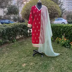 This red velvet suit is the epitome of winter elegance. The rich fabric is adorned with delicate gold embroidery and paired with a contrasting mint green net dupatta.