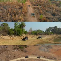 Sweeping aerial shots of multiple Ashva 4x4 UTVs navigating a challenging off-road trail. Our drone footage is perfect for showing vehicles in their natural element.