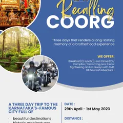 Our ride plan for a three day trip to Coorg, the Scotland of India. We offer a full package including meals, sightseeing, and a campfire, ensuring a hassle free and memorable brotherhood experience.
