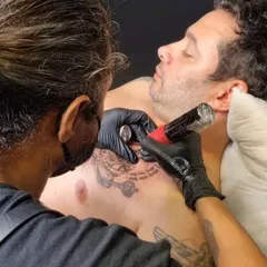 Here I am working on a Lord Hanuman chest piece. My hands-on tattoo workshop gives you a front-row seat to learn advanced techniques like shading and fine detailing on difficult placements.