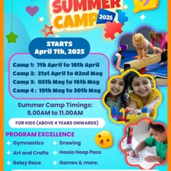 Your child's summer adventure starts here. This poster details our upcoming Gymnastics Summer Camp, including dates, timings, and the exciting mix of activities like gymnastics, art and crafts, and relay races.