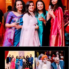 A collage of guests and family enjoying the wedding celebration. It captures the vibrant outfits, the happy group photos, and the joyful atmosphere of the event.