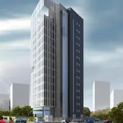 A rendering of a corporate tower where solid and glass elements are balanced for solar efficiency. The darker, solid volume protects one side from solar heat gain, while the glass facade on the other opens up to controlled light, creating a harmonious and sustainable design.