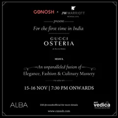 Announcing a landmark event: the first-ever Gucci Osteria pop-up in India. This official poster details the exclusive two-night dinner series at Alba, JW Marriott Bengaluru, a collaboration that blends elegance, fashion, and culinary mastery.