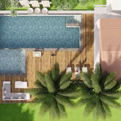 An aerial view of a pool design for a home with limited garden space. The L-shaped pool wraps around a wooden deck, maximizing the available area for both swimming and lounging, proving that a small garden can still accommodate a stunning water feature.