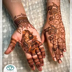 A design celebrating devotion for the holy month of Saavn. One hand shows a devotee embracing a Shivling, while the other features a minimal parrot and floral design.