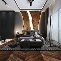 I designed this bedroom as a sanctuary, using a backlit, raw-edge wood feature to create a dramatic yet natural focal point. The combination of the dark wooden herringbone floor, plush textiles, and soft, ambient lighting results in a space that feels both cozy and exceptionally luxurious.