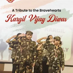 "A Tribute to the Bravehearts." Our Kargil Vijay Diwas assembly poster shows students in army camouflage, paying homage to our soldiers. Through such tributes, we teach our students about the courage, sacrifice, and patriotism that protect our nation.