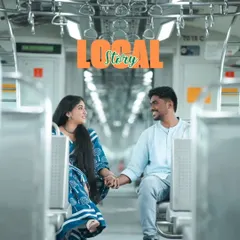 This shot, with the "Local Story" text, perfectly brands this unique pre-wedding concept. It captures the couple sharing a look in the iconic setting of a Mumbai train, turning an everyday scene into a romantic one.