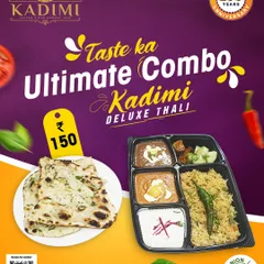 The Kadimi Deluxe Thali. A complete, wholesome meal that gives you a taste of our kitchen's best. This thali features Shahi Paneer, Dal Makhni, Pulao, Raita, and Butter Naan, all prepared without any onion or garlic, just pure flavor.