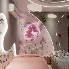 The full view of the shared kids' room, showing the unicorn bed on one side and a car-themed bed on the other, united by a playful and imaginative design.