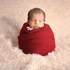 The adorable 'potato sack' pose is one of the most requested styles in newborn photography. This little one is wrapped snugly in a cozy red knit wrap, keeping him warm and secure on a soft, fluffy rug.