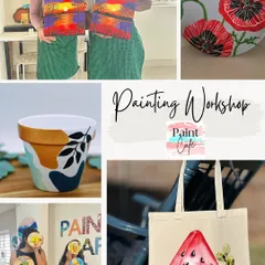 A collage showcasing the variety of our painting workshops, including canvas, pot, plate, and tote bag painting, all of which can be booked at our studio.