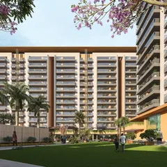 This view of Gulnaar Zenium highlights the symmetrical geometry of the towers and the generous outdoor terraces that connect residents to the landscape.
