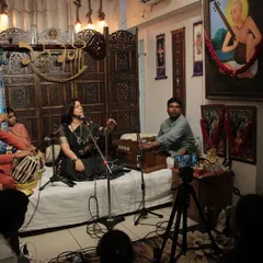A wider view of our baithak setup, showing the close proximity between the performers and the audience, which is essential for creating a shared musical atmosphere.