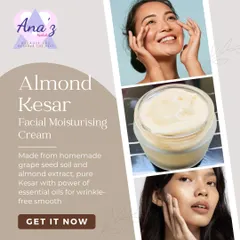 My Almond Kesar Facial Moisturising Cream is perfect for achieving wrinkle-free, smooth skin. I make it with homemade grape seed oil, almond extract, and pure Kesar.