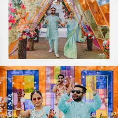 The couple's entry through a colorful glass tunnel at their Haldi. The play of light and color created a fantastic photo opportunity.
