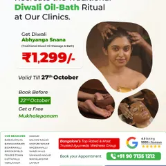 Recreate the traditional Diwali oil-bath ritual, Abhyanga Snana, at our clinics. This special offer allows you to experience the sacred oil massage and bath that purifies the body, calms the mind, and restores a natural glow.