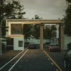 A slightly different angle of the entrance gate render, providing a comprehensive view of the design. 3D visualization is a crucial step in our architectural process for ensuring client satisfaction.