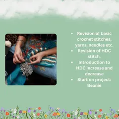 The first project in our advanced crochet course is a beanie. Students will review basic stitches and learn increases and decreases to shape their creation.