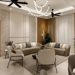 This render, inspired by Ghibli's magical aesthetic, shows a cozy and contemporary living room. The design uses a mix of wood and marble textures, with unique curved sofas and statement lighting to create a warm and inviting space.