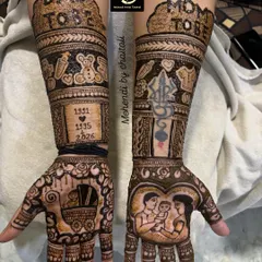 I love creating special designs for baby showers. This custom mehendi for a mom-to-be includes a family portrait, a baby cradle, and other personal elements to celebrate the new arrival.