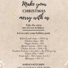Another version of our Christmas holiday menu, offering a mix of our signature dishes like Mutton Biryani and Tandoori Fish Fry alongside festive specials.