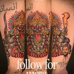 A powerful and vibrant depiction of the goddess Kali in a traditional color style. The bold lines and rich palette of reds, blues, and yellows make this a truly striking and unforgettable piece of spiritual art.