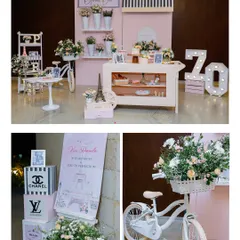 For a sophisticated 70th birthday, we brought a touch of Parisian luxury to life. This collage shows our custom dessert cart, a chic bloom bar, and designer-inspired welcome decor, demonstrating our ability to execute elegant and mature themes.