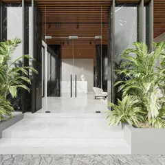 I believe designing is like storytelling. This lobby entrance uses a careful selection of materials, including black marble and warm wood, with quiet details and a clear focal point to create a narrative of minimal, clean-lined luxury from the moment you step inside.