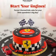 Fulfilling a little speedster's dream with this sleek, Ferrari-themed cake. The design features the iconic red, checkered flags, and the famous logo, making it the perfect highlight for a racing-themed party.