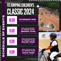 Here is the schedule for the first two days of the FEI Jumping Children's Classic, including the veterinary inspection and the trials for the selection of Team India.