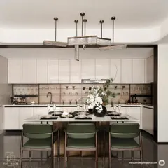 A modern kitchen should be both beautiful and highly functional. This design features an integrated dining island, sleek handleless cabinetry, and specialized glass storage, creating a perfect space for cooking and socializing.