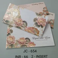 This card is decorated with a border of embossed lotus flowers in shades of pink and gold. The textured details give the invitation a premium feel, perfect for a special celebration.