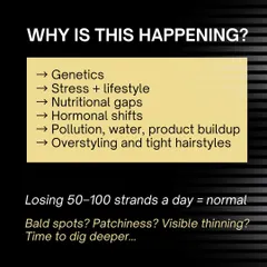 Why is this happening? Hair loss can be caused by genetics, stress, nutritional gaps, hormonal shifts, and more. While losing 50-100 strands a day is normal, visible thinning or bald spots mean it is time to dig deeper.
