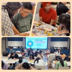 This collage captures the focused energy of a Mandala art workshop for employees. It's a powerful tool for promoting mental clarity and giving teams a colorful, collective way to recharge during the workday.