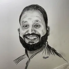 A close-up of a commissioned charcoal portrait, capturing a friend's joyful expression. These sketches are a wonderful way to celebrate the people in your life.