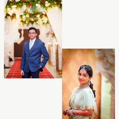 A collage of individual portraits of the bride and groom at their reception, showcasing their elegant attire.
