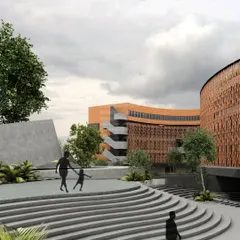 An early conceptual render of the project, envisioning a public plaza with stepped seating. This illustrates our design process, which prioritizes the creation of vibrant community spaces from the initial stages of development.