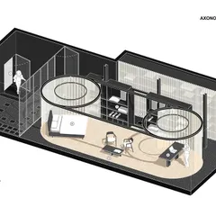This axonometric view illustrates the core concept of 'The Veiled Project'. It shows the capsule-like display areas and the carefully orchestrated circulation path, designed to guide visitors through a series of unveiled moments within a restrained, monastic material palette.