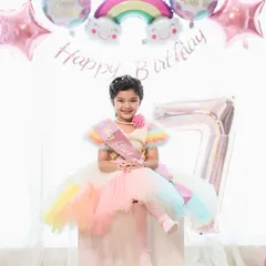 We celebrate milestones at every age. This vibrant 7th birthday photoshoot, complete with a custom rainbow theme and a happy birthday girl, shows how we tailor sessions for older kids too.