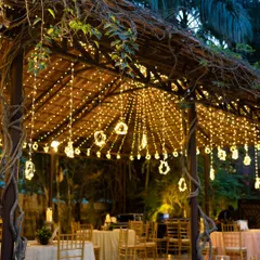 An enchanting evening setting under a canopy of fairy lights. This kind of ambient lighting is perfect for creating a magical and intimate atmosphere for any celebration.