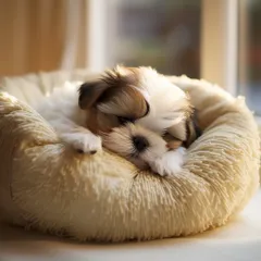 This little Shih Tzu puppy looks like a fluffy donut curled up in this plush bed. We provide extra soft bedding for our smallest guests.