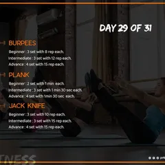 Here is a sample workout from one of my fitness challenges, including burpees, planks, and jack knives. It provides different rep and set schemes for beginner, intermediate, and advanced levels.
