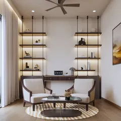 This view shows a dedicated study or home office nook with twin armchairs and backlit shelving, demonstrating a symmetrical and highly functional design.