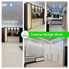 This collage displays our high-quality finishing in a recent project, including a custom crockery unit with integrated lighting, a modern modular kitchen, and a spacious bedroom wardrobe.